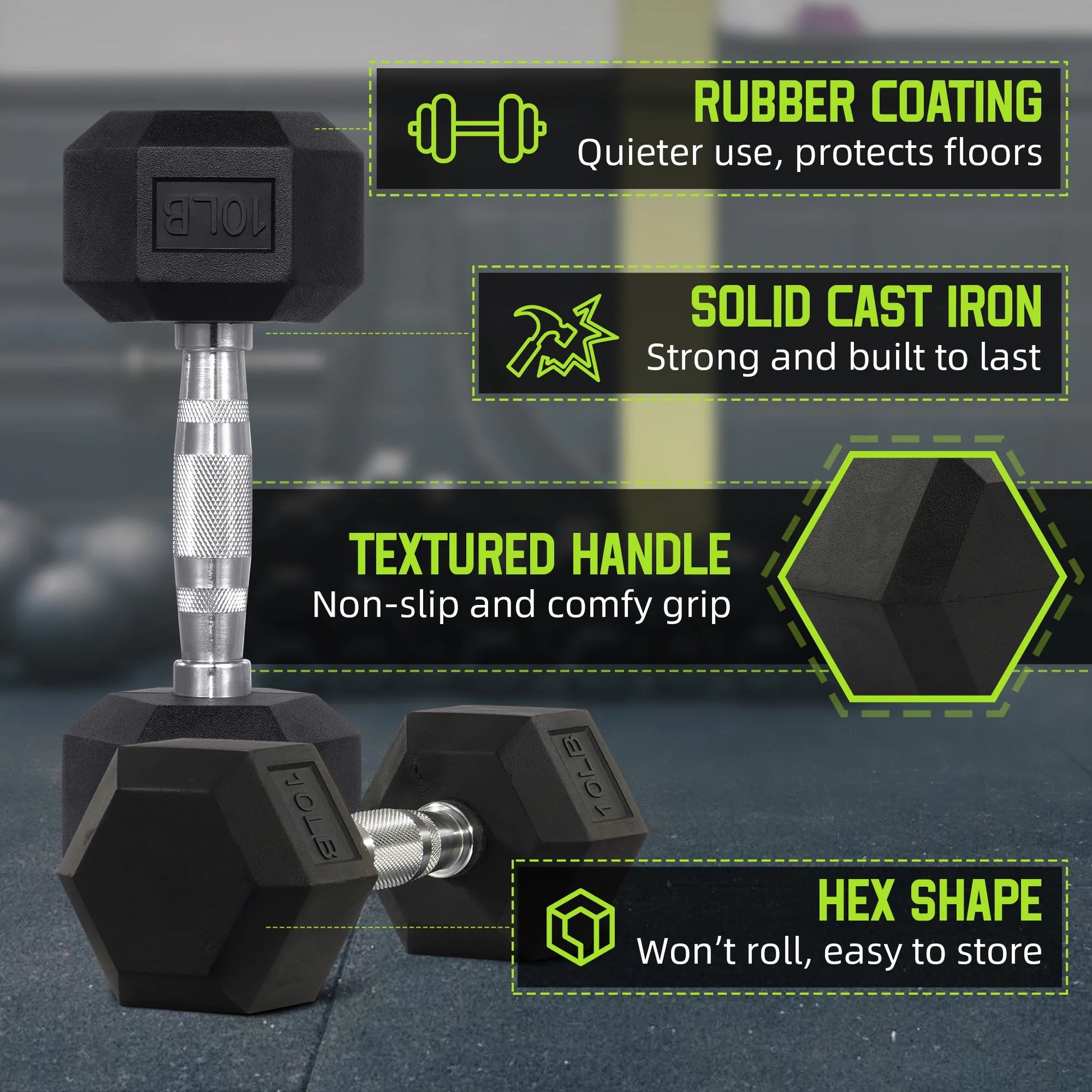 Rubber Encased Hex Dumbbell, Black, 10 Lb