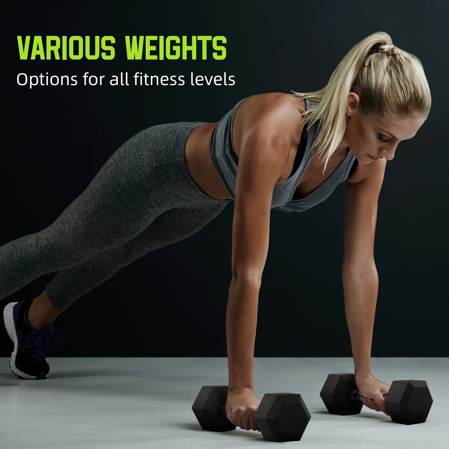 Rubber Encased Hex Dumbbell, Black, 10 Lb